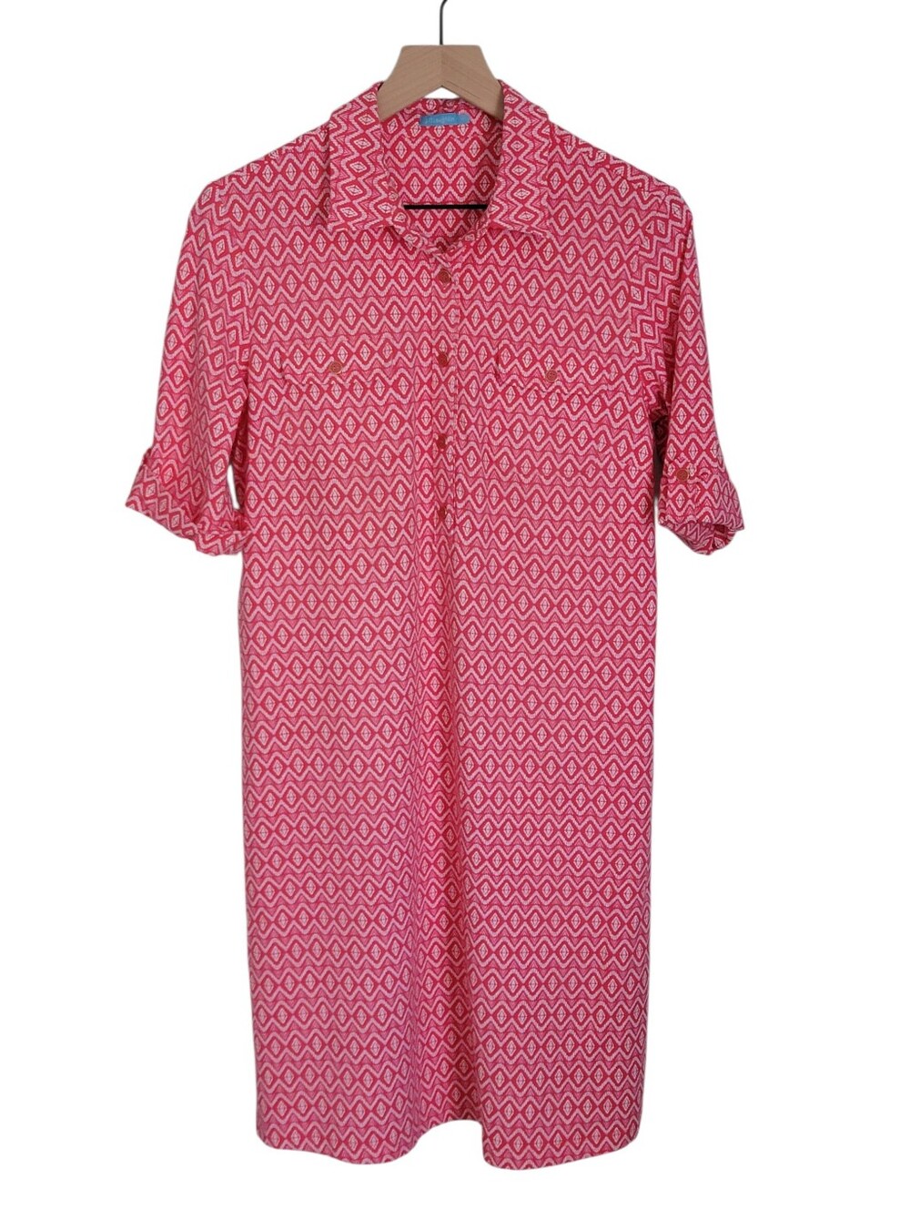 J. McLaughlin Geometric Print Pink White Dress Catalina Cloth Cuff Sleeves‎ M